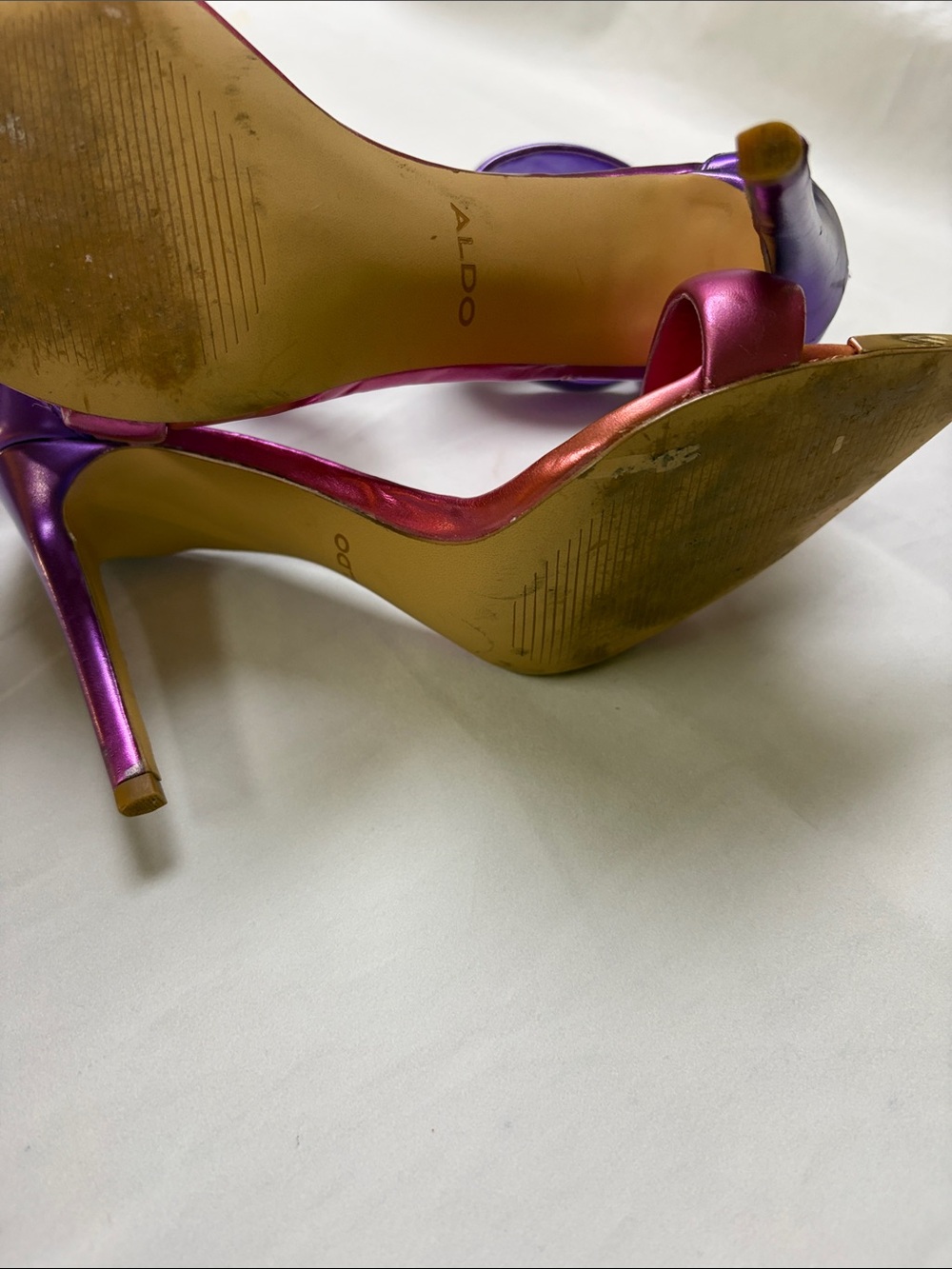 Aldo Metallic Purple and Pink Ankle-Strap Stilettos with Gold Pointed Toe Cap - Picture 5 of 10